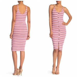 NWT The Vanity Room Revolve Pink Ribbed Striped Button Front Dress L